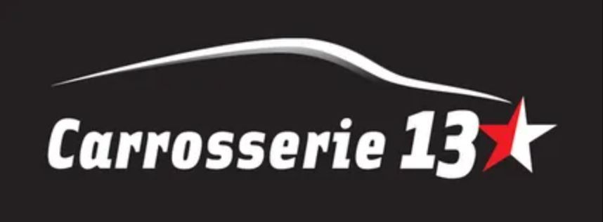 Logo pour « Carrosserie 13 », un atelier de réparation automobile, avec le contour d'une voiture, du texte et une étoile.