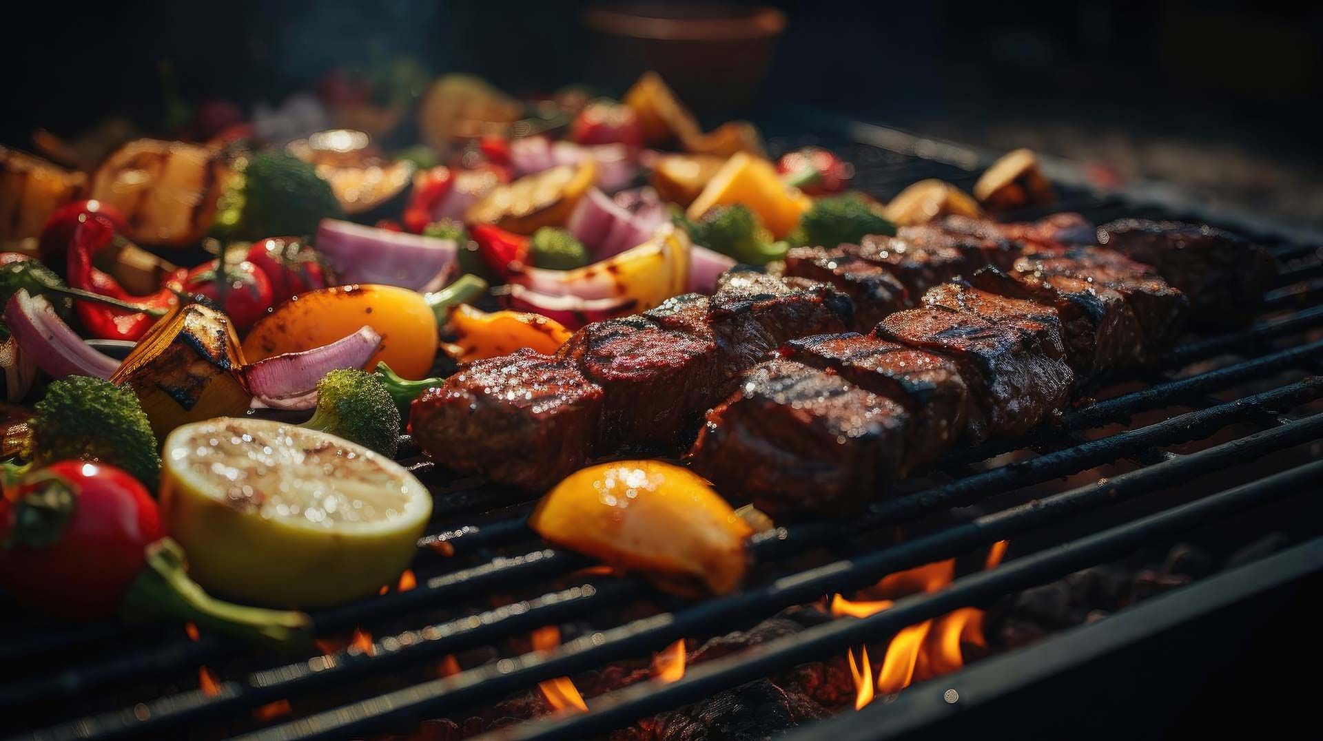 La carne y las verduras se cocinan en una parrilla.
