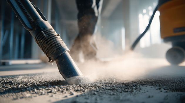 Eine Person benutzt einen Industriesauger, um Baustaub von einem Betonboden in einem unfertigen Raum zu entfernen.
