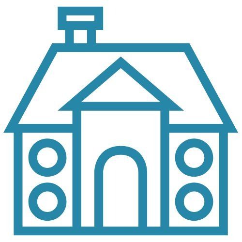 Un dibujo lineal azul de una casa con altavoces en el lateral.