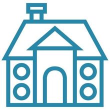 Un dibujo lineal azul de una casa con altavoces en el lateral.