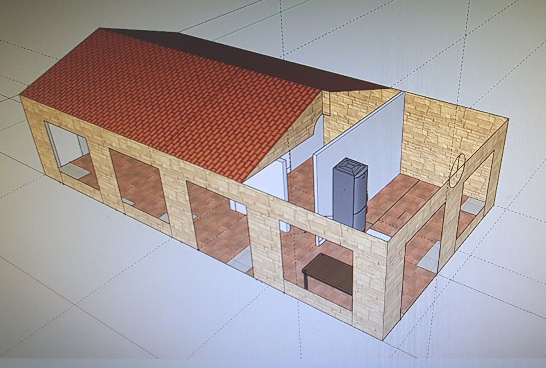 Un modelo 3D de una casa con techo rojo.