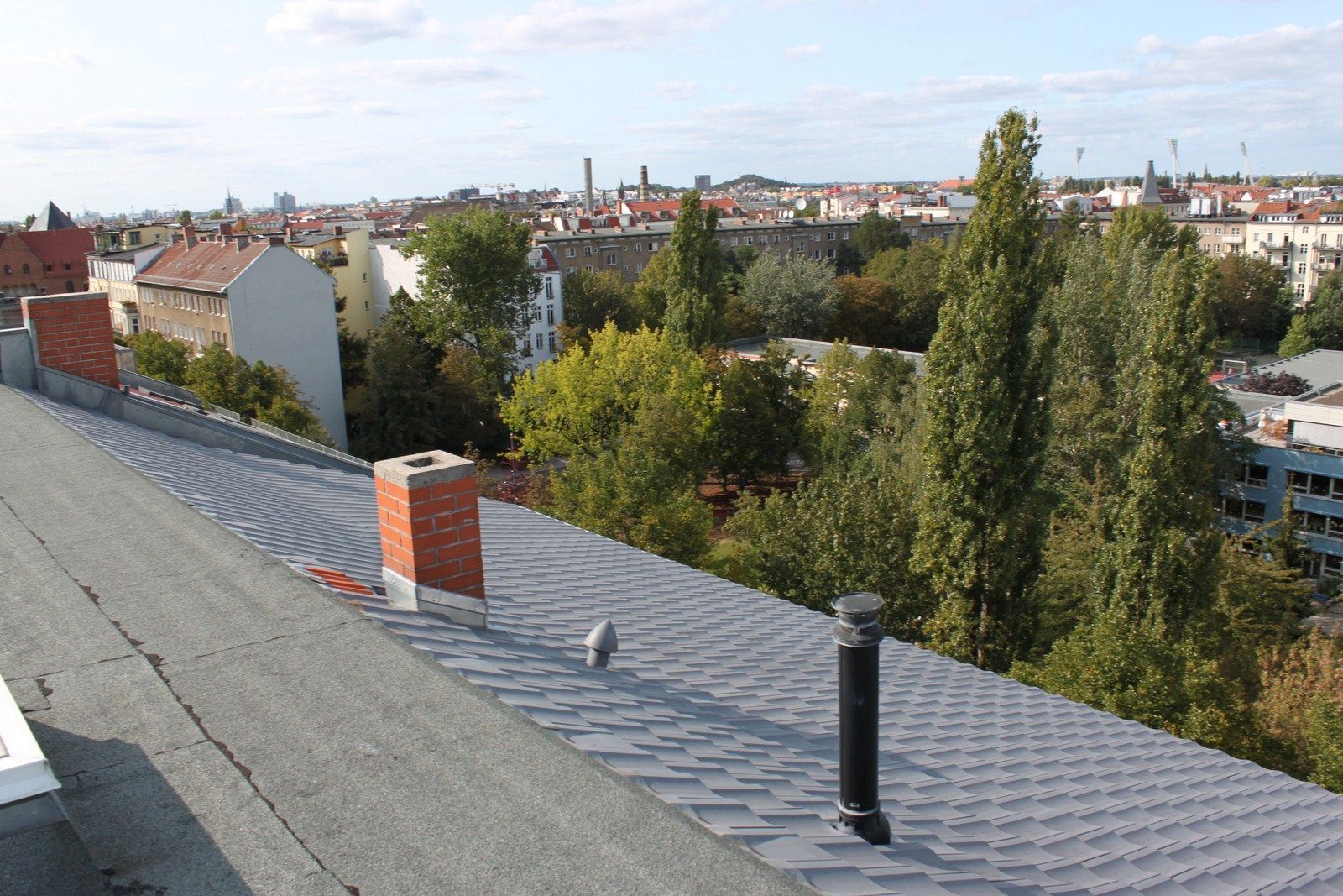 Blick von einem Dach auf Bäume und eine Stadtlandschaft mit verschiedenen Gebäuden unter blauem Himmel.