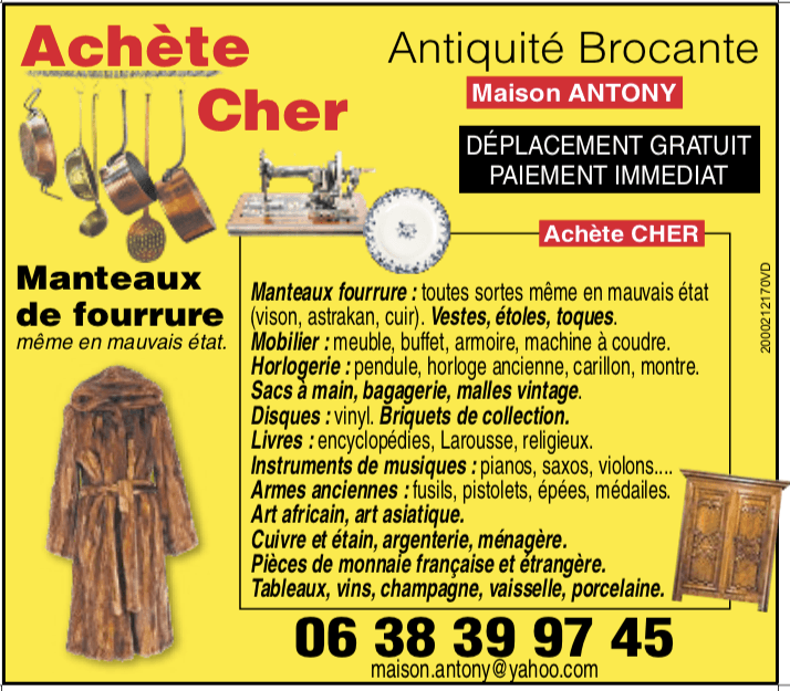 Publicité dans un journal pour l'antiquaire Maison Antony