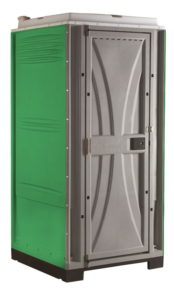 Un baño portátil verde y gris con puerta.