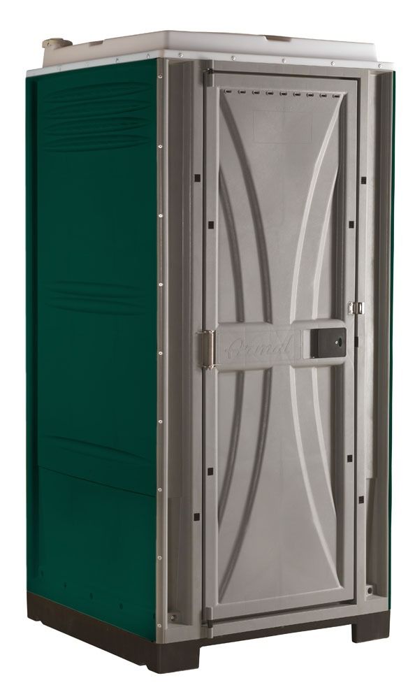 Un baño portátil verde y gris con puerta.