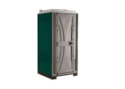 A green and gray portable toilet with a door on a white background.