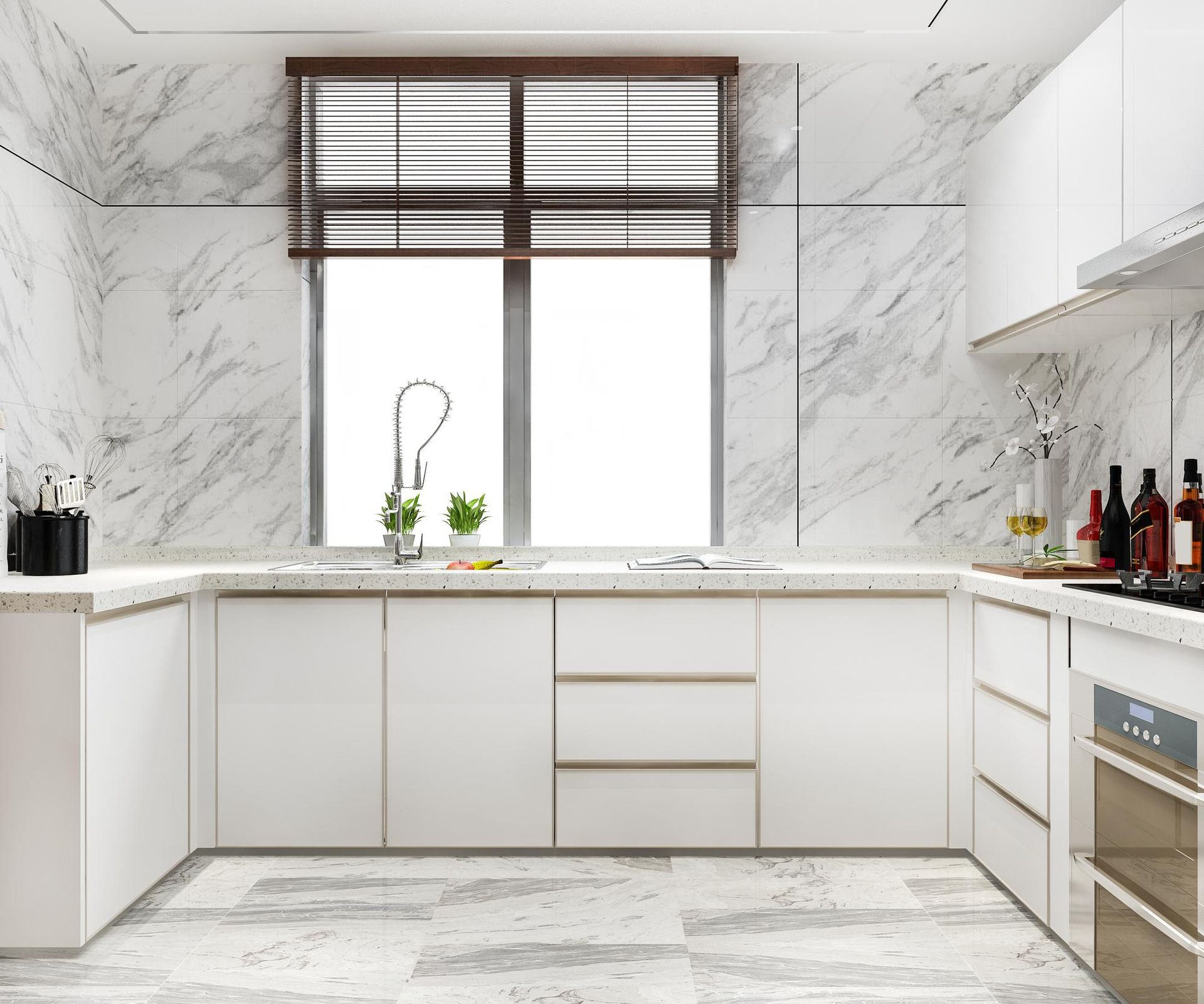 Una cocina con gabinetes blancos, una estufa, un fregadero y una ventana.