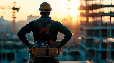 Zwei Bauarbeiter in Westen und Helmen auf einer Baustelle, einer zeigt mit dem Finger, der andere hält ein Funkgerät.