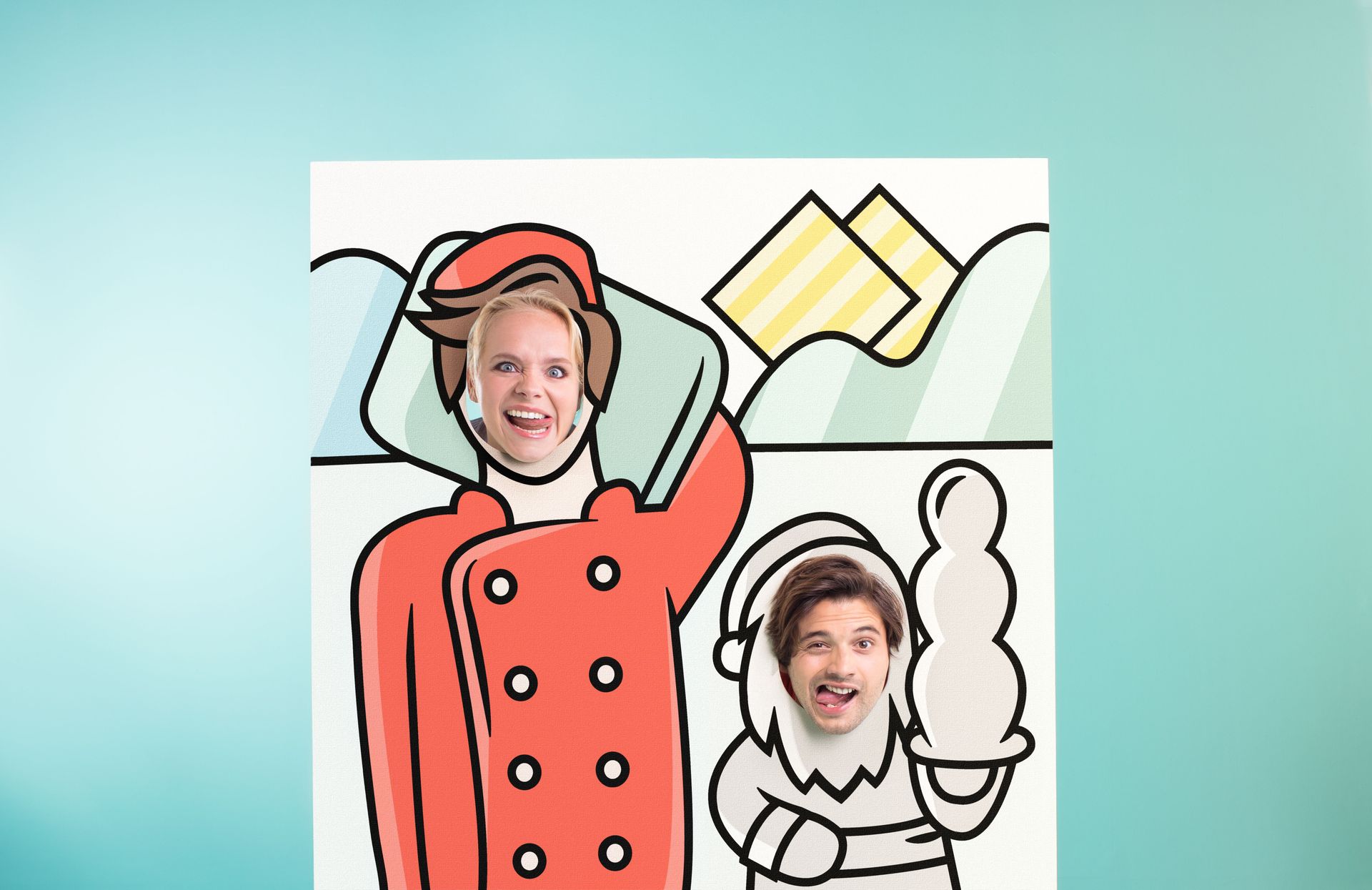 A man and a woman are posing for a picture with their faces on a cardboard cutout.