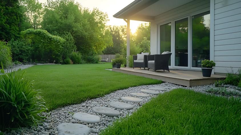 Un patio trasero soleado con un sendero de piedra que conduce a una terraza de madera con sillas