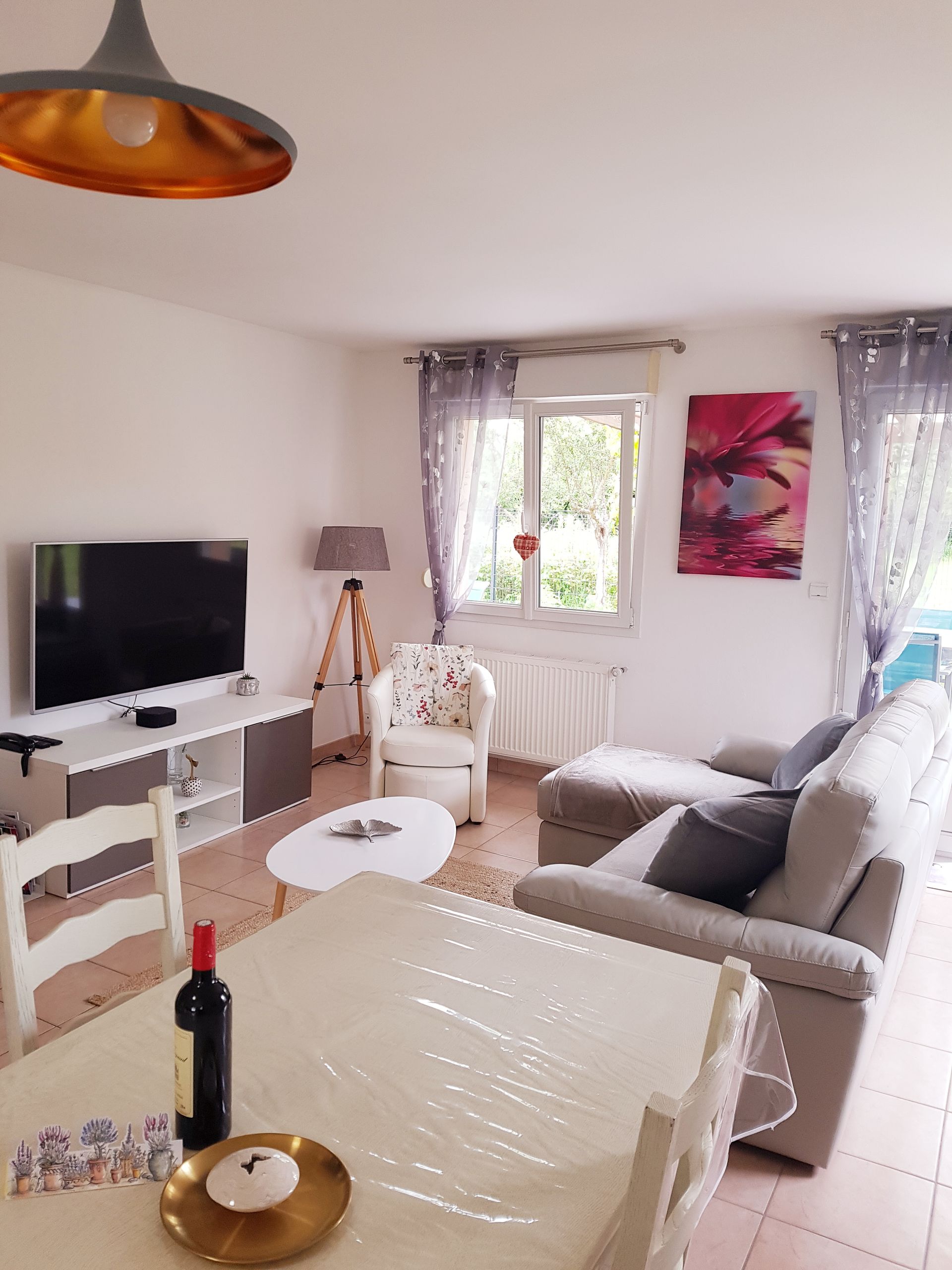 Salon avec table à manger et coin télé