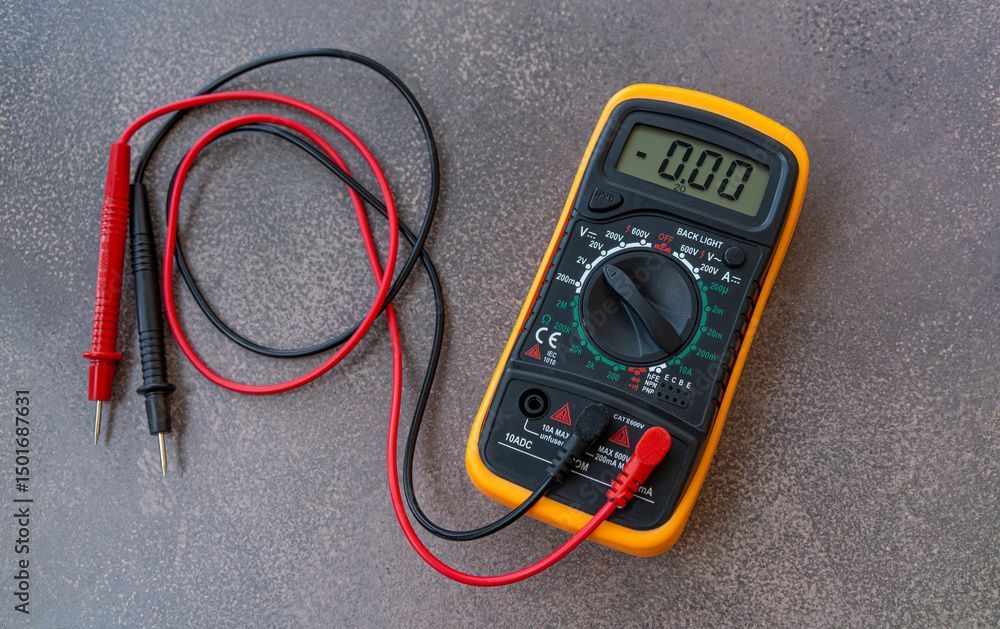 Auf einem Tisch steht ein digitales Multimeter mit zwei daran angeschlossenen Sonden.