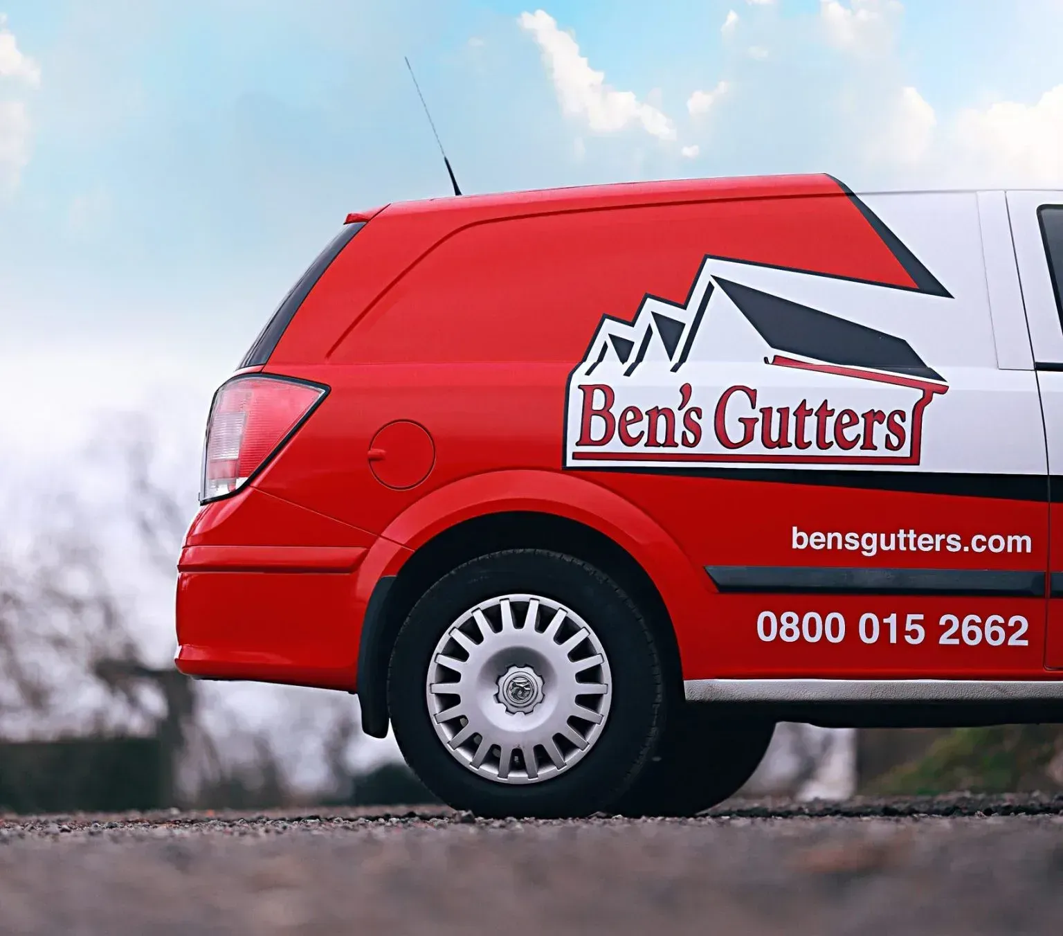 Red Ben’s Gutters van with company logo and contact details on the side.