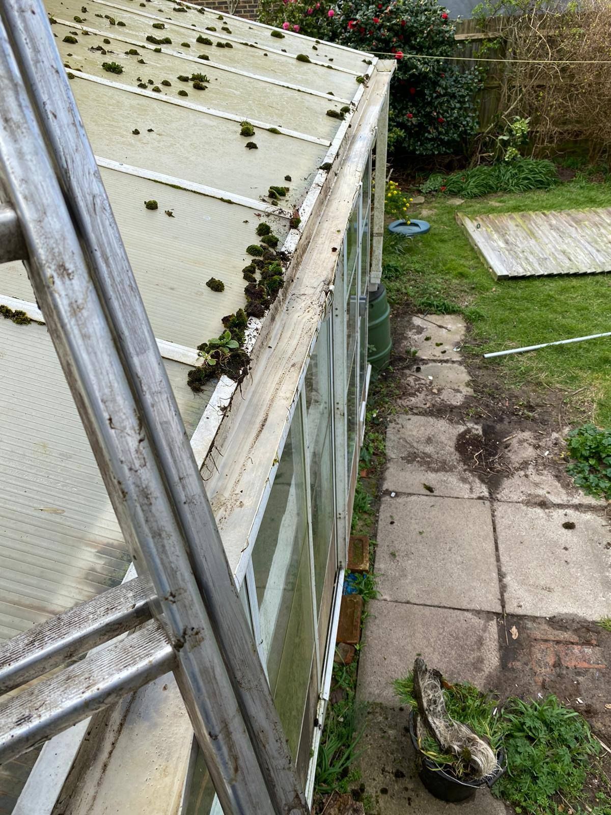 Tilted greenhouse wall with moss and debris beside a paved garden path