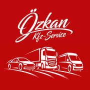 Rotes Logo für Özkan Kfz-Service mit Symbolen für Pkw, Lkw und Transporter auf rotem Hintergrund