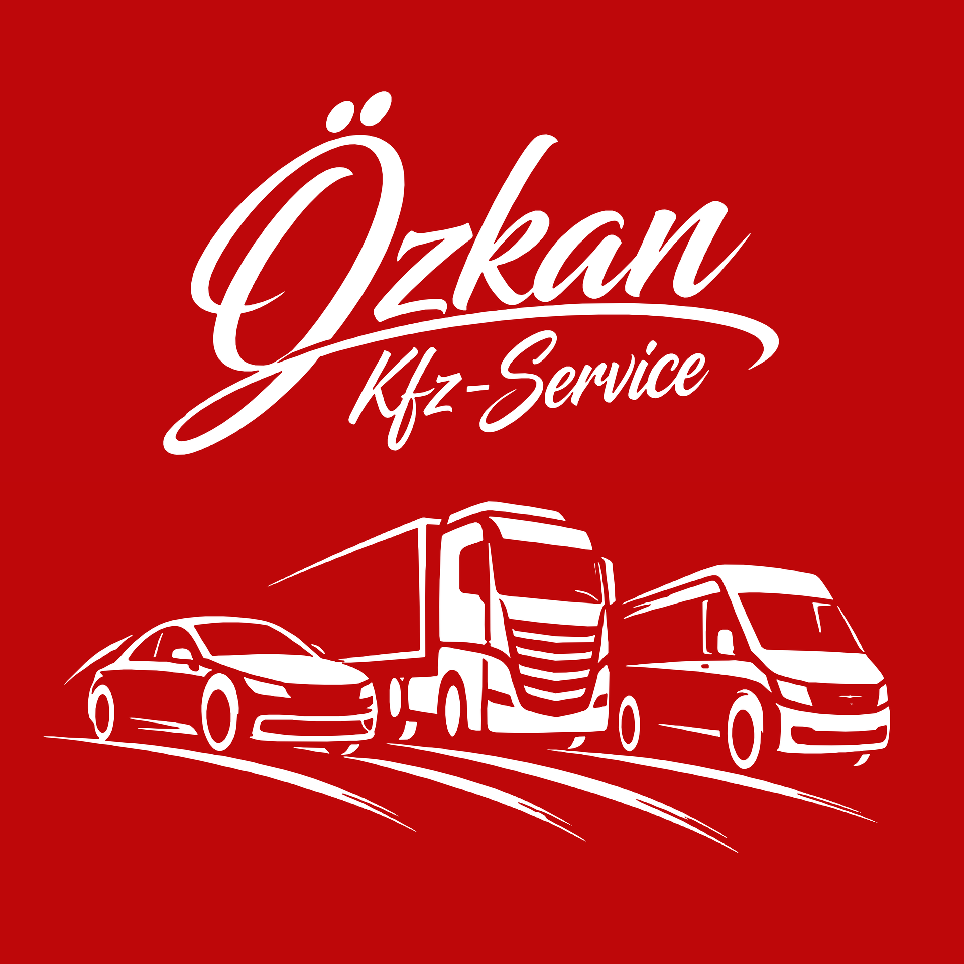 Rotes Logo für Özkan Kfz-Service mit Symbolen für Pkw, Lkw und Transporter auf rotem Hintergrund