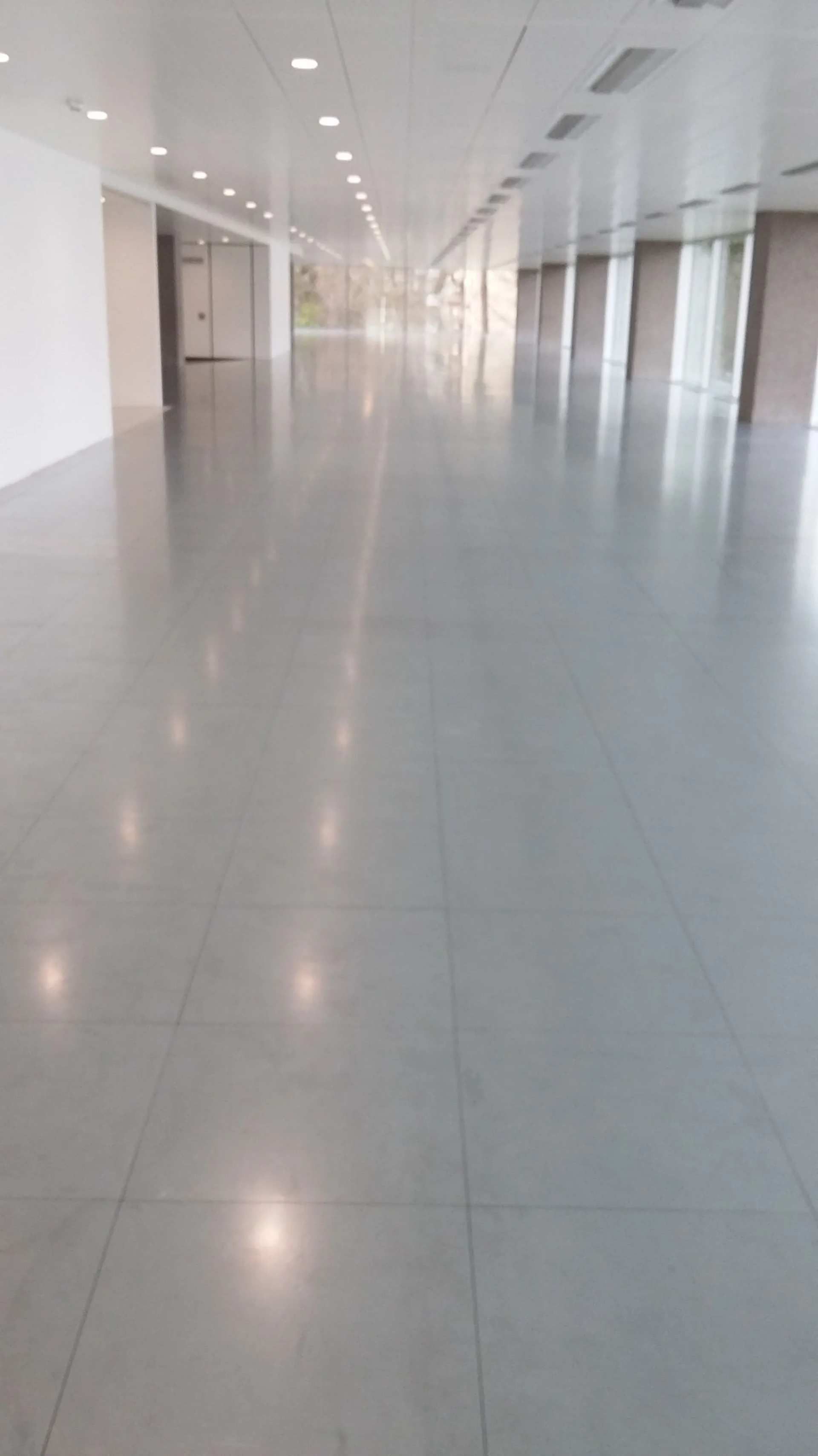 Couloir long et moderne, vide, au sol gris. Des spots encastrés se reflètent sur une surface polie. Murs blancs, fenêtres au fond.