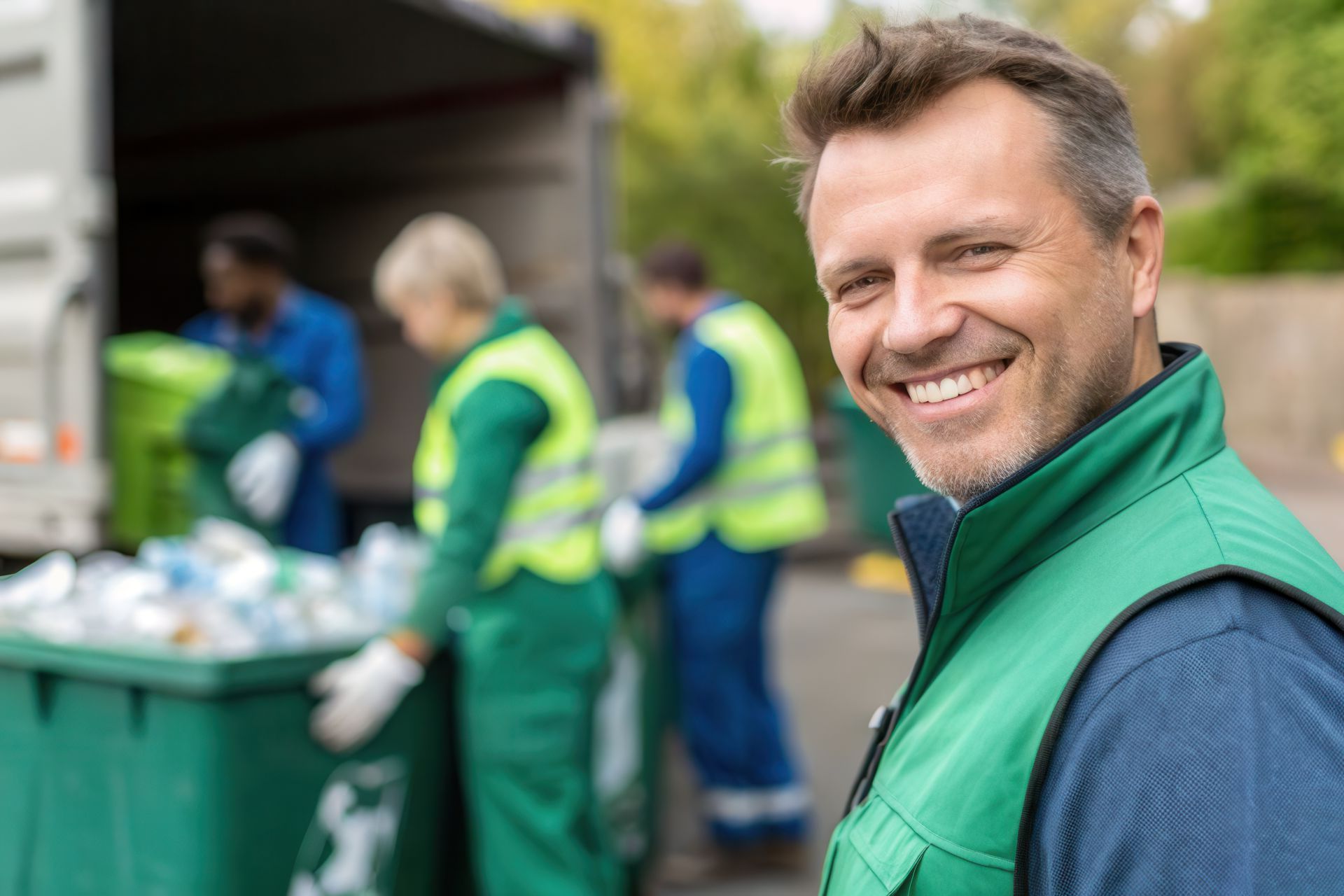 Un professionnel du recyclage nous regardant en souriant avec en fond une équipe triant des déchets.