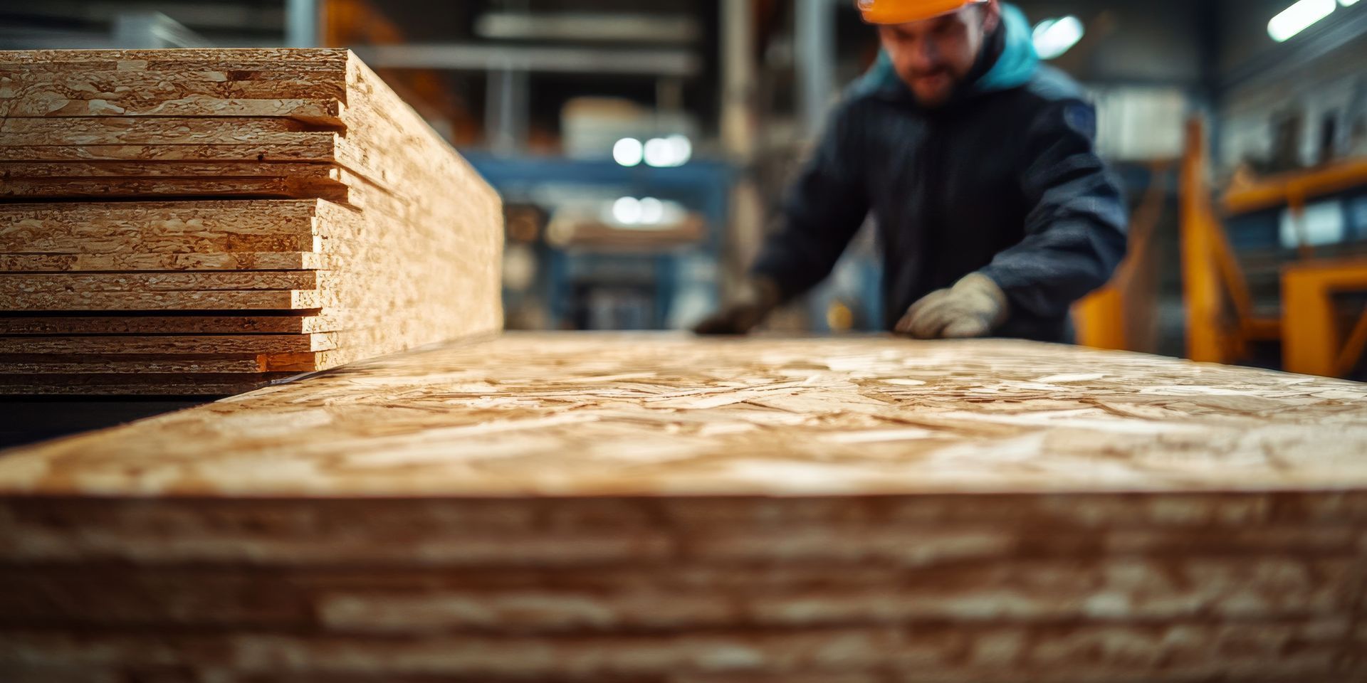 Des planches de bois aggloméré et un homme en fond les manipulant.