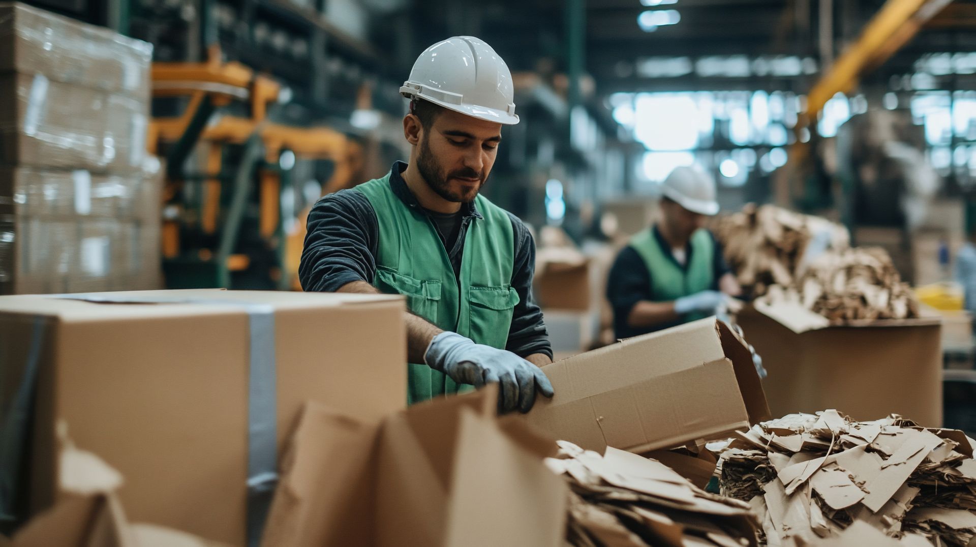 Un agent de triage sur une chaîne de recyclage de cartons.