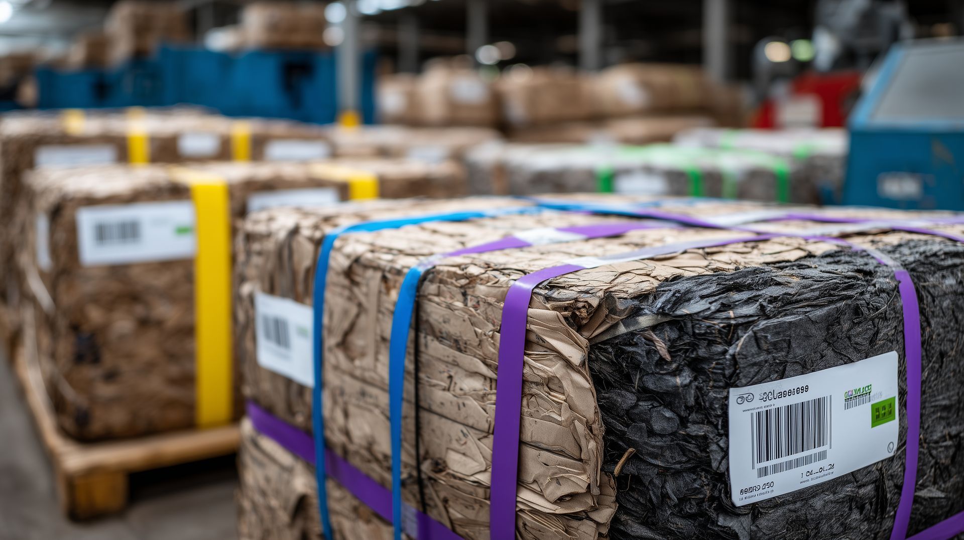 Des piles de cartons compactés avec codes-barres.
