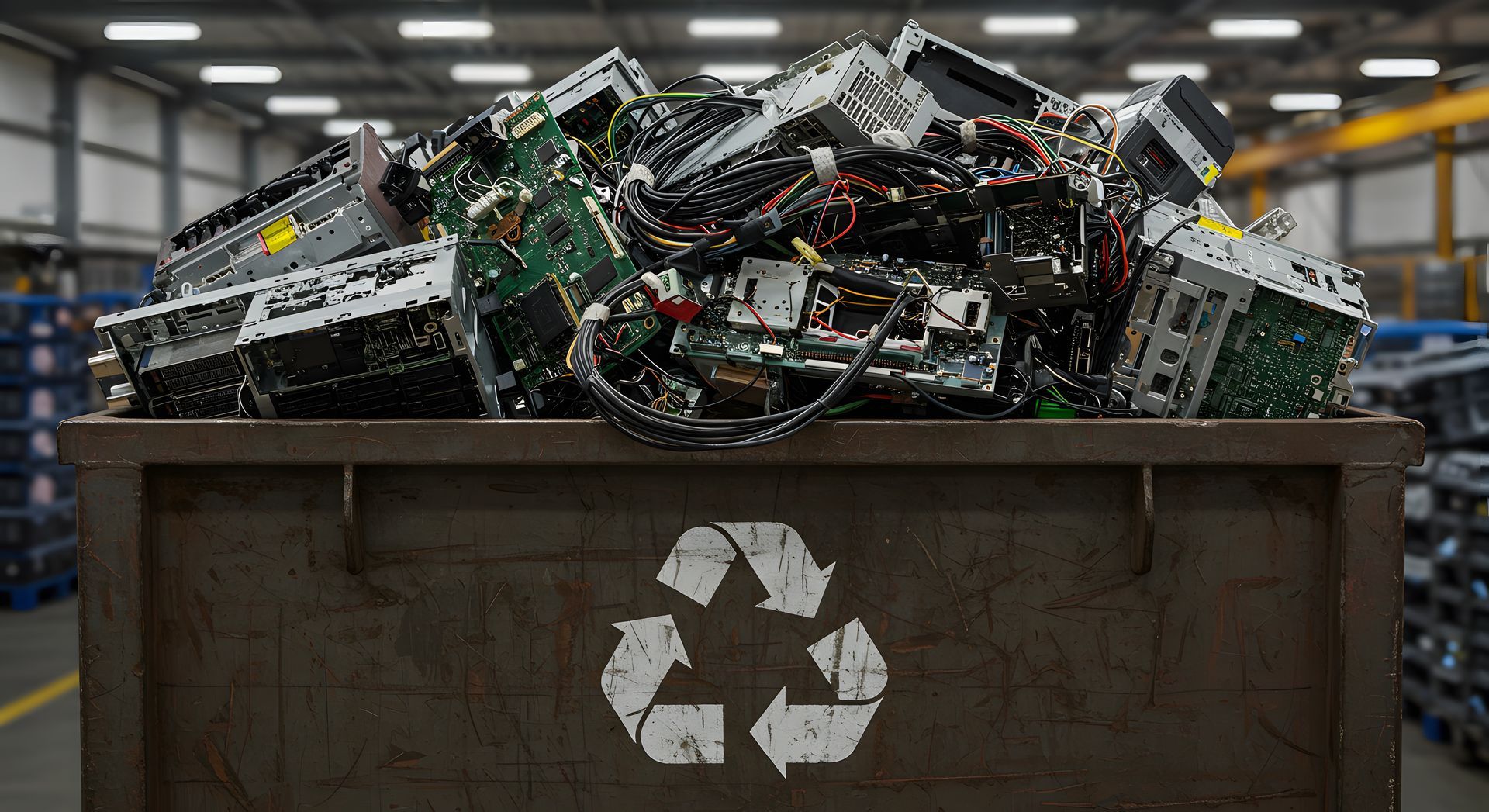Un bac de recyclage avec des déchets électroniques variés.