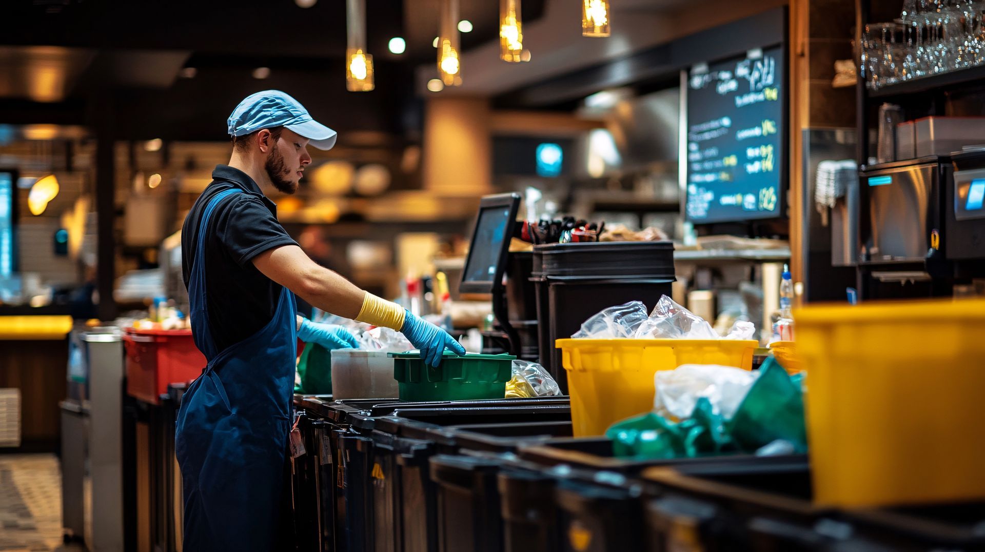 Un homme dans un restaurant triant les divers déchets après un service.