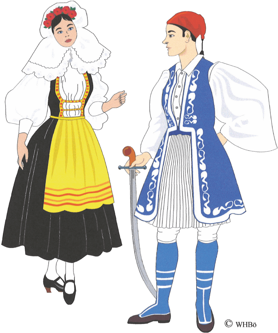 Zeichnung von griechischem Paar in traditioneller Kleidung
