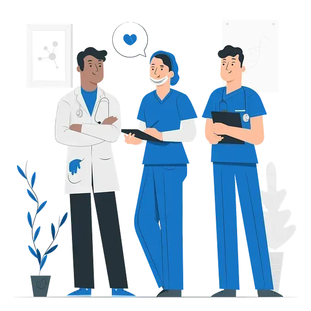 Tres profesionales médicos con uniformes azules y bata blanca. Uno de ellos con un globo de pensamiento en forma de corazón.