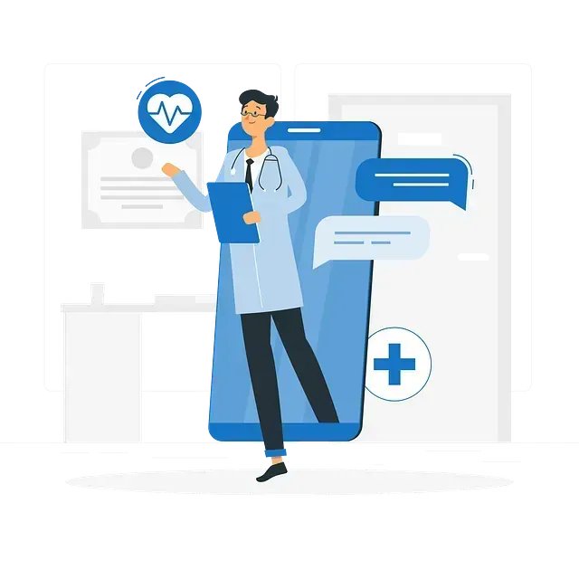 Médico en la pantalla de un teléfono ofreciendo servicios de telesalud, con íconos médicos y burbujas de chat.