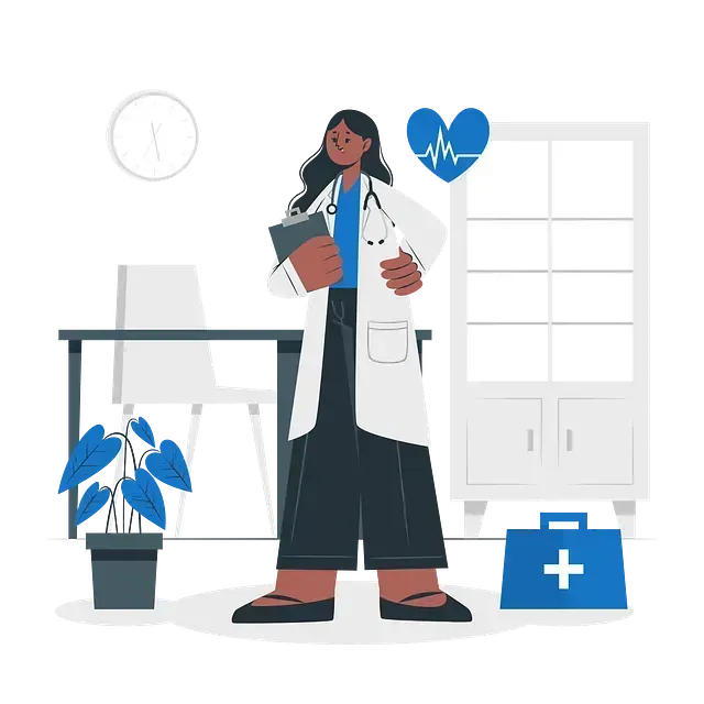 Médico en una oficina, con portapapeles. Se muestra un corazón azul y un botiquín de primeros auxilios.
