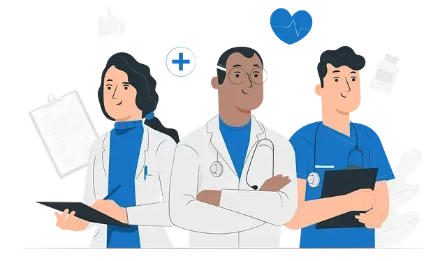 Equipo médico: médico, enfermera y asistente, con estetoscopios y portapapeles; símbolos de salud en el fondo.