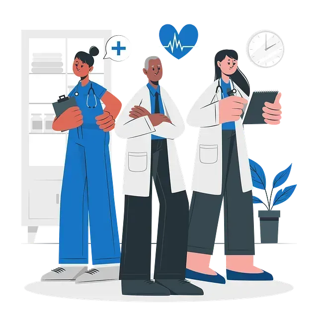 Tres profesionales sanitarios: una enfermera, un médico con los brazos cruzados y un médico con una tableta. Entorno médico, colores azul y blanco.