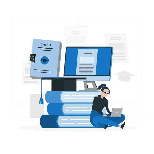 La mujer trabaja en una computadora portátil junto a libros apilados, una computadora y un libro de tesis con birrete.