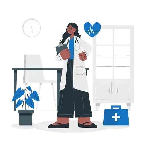 Doctora con bata de laboratorio sosteniendo un archivo, en un consultorio médico, con un símbolo de latido del corazón.