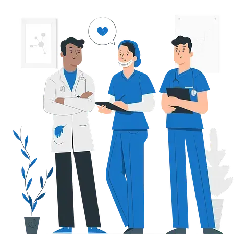 Equipo médico, doctor y enfermeras, conversando en una clínica. Símbolo de corazón sobre la cabeza de la enfermera. Uniforme azul y bata blanca.