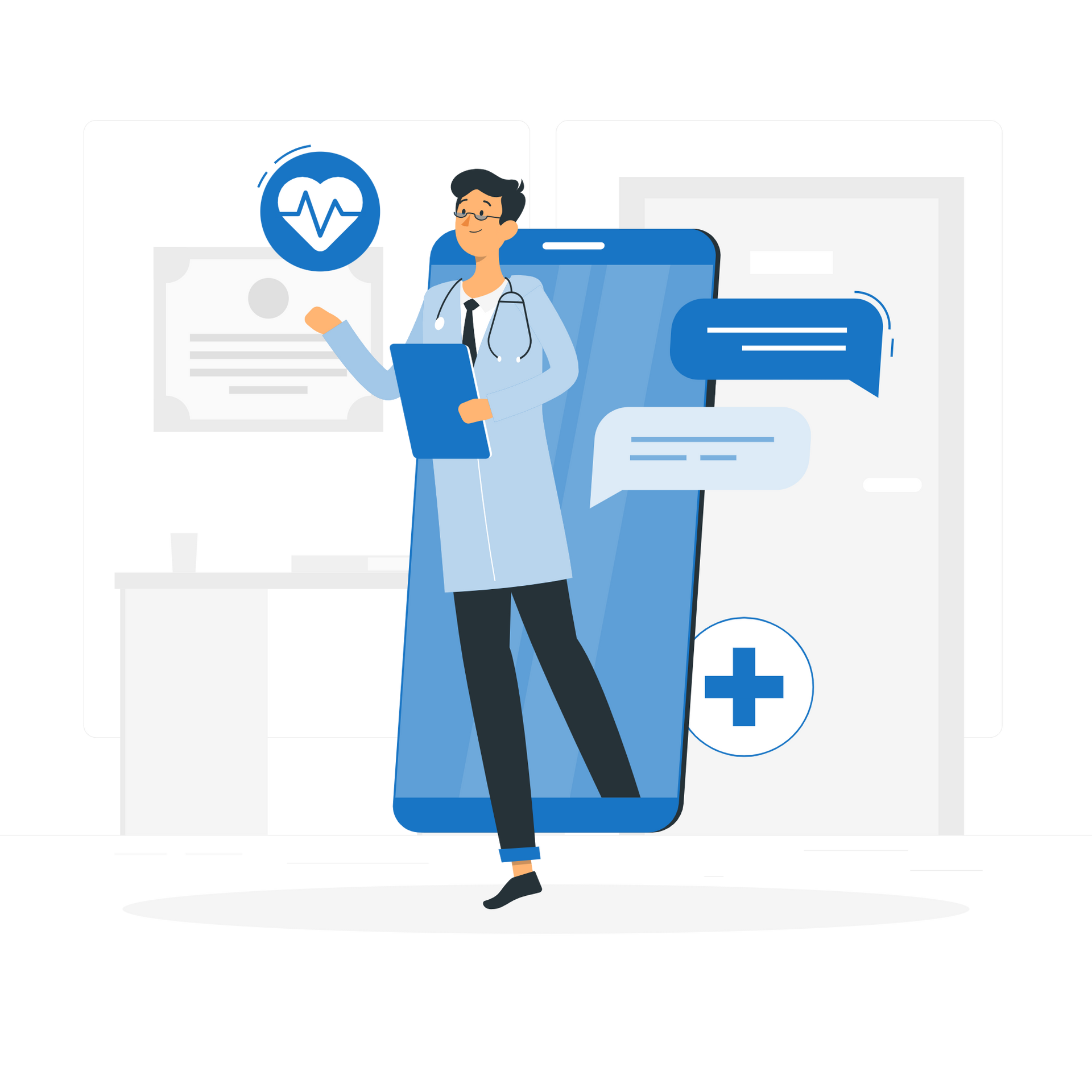 Médico dentro de la pantalla de un teléfono inteligente, consultando registros médicos digitales, telesalud.