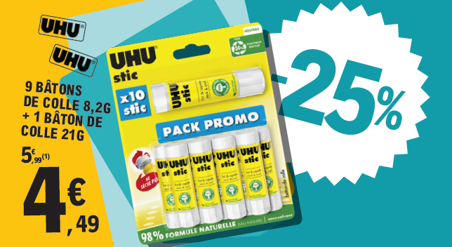 Offre -25 % sur les 9 bâtons de colle 8.2 grammes + bâton de colle 21 grammes de marque UHU stic au prix de 4,49 € au lieu de 5,99 €.