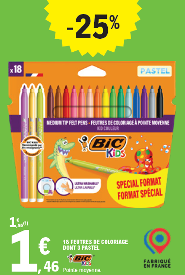 Offre -25 % sur le paquet de 18 feutres de coloriage dont 3 pastel de la marque BIC Kids pointe moyenne au prix de 1,46 € au lieu de 1,95 €. Fabriqué en France.