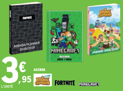 Offre agenda Animal Crossing, Fortnite ou Minecraft au prix de 3,95 € l'unité.