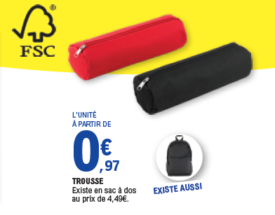 Offre trousse rouge ou noire Éco+ à partir de 0,97 € l'unité. Existe en sac à dos au prix de 4,49 €. Logo FSC®.