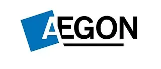 El logotipo de Aegon es azul y negro con un cuadrado azul en el medio.