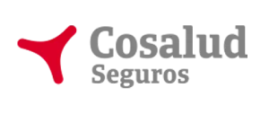 Un logotipo para Cosalud Seguros con un triangulo rojo.