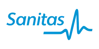 Un logotipo azul para Sanitas con una línea de latidos del corazón.