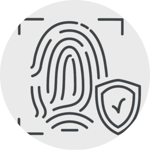 Un dibujo lineal de una huella dactilar y un escudo con una marca de verificación.