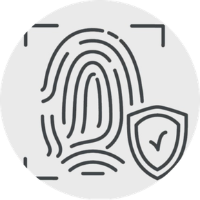 Un dibujo lineal de una huella dactilar y un escudo con una marca de verificación.
