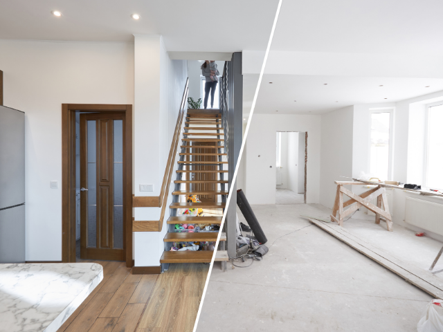 Vue partagée : rénovation intérieure terminée et non terminée ; cuisine à gauche, chantier à droite.