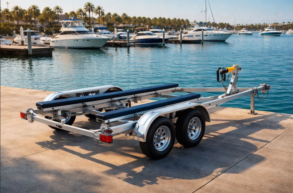 Barco atracado en un muelle flotante azul junto a un lago. Árboles y cielo nublado se reflejan en el agua.