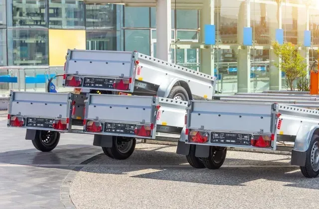 Varios remolques plateados estacionados afuera de un edificio, día soleado.